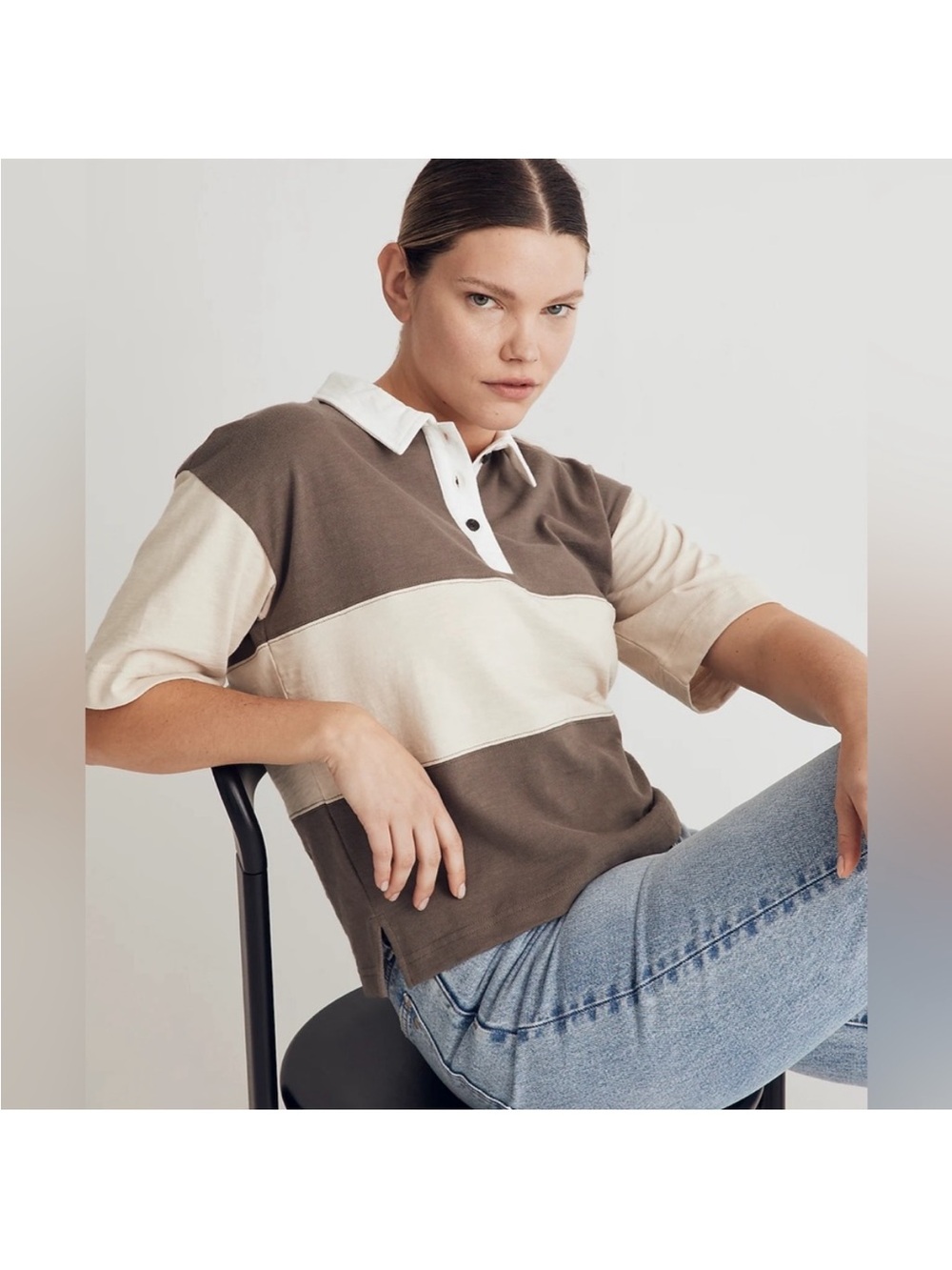 Madewell Oversized Polo Shirt Top Women Medium Brown Cream Cyprus Ruins Organic